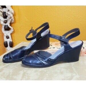 NEW! VTG 1940s Rothschilds Navy Blue Contrast Stitch Peeptoe Wedge Heels SZ 8.5